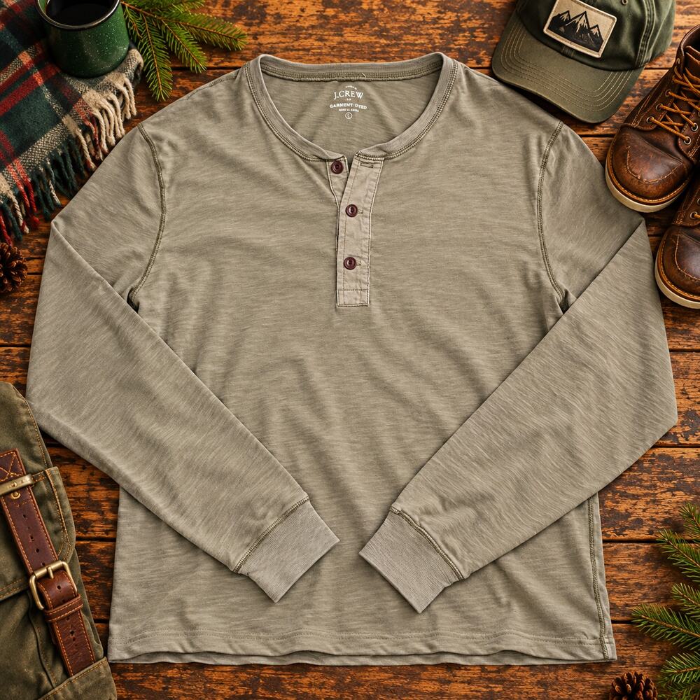 J.Crew Garment Dyed Henley Shirt Mens L Olive Green 100% Cotton Long Sleeve